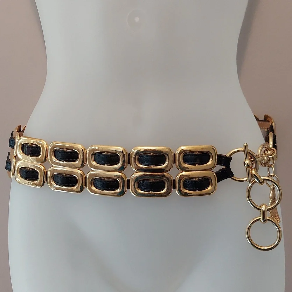 Vintage Late 1980s/Early 1990s Gold Chain & Woven Black Leather Double Link Belt - Picture 2 of 16